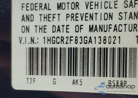 2016 Honda Accord Ex-L from USA, damaged, VIN 1HGCR2F83GA138021